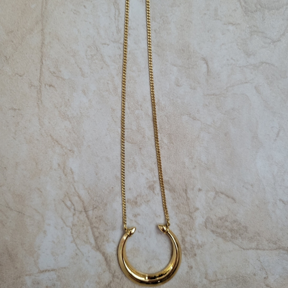 Stella & Dot Necklace Crescent Horseshoe Double Horn Long Chain Gold Tone